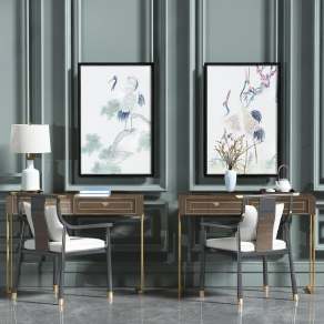 新中式书桌椅组合3D模型下载